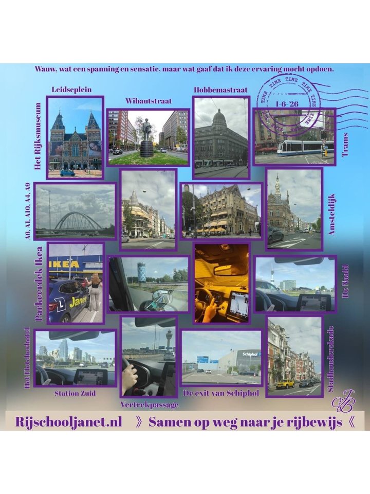 De lesauto van RijschooL Janet op een billboard langs de weg