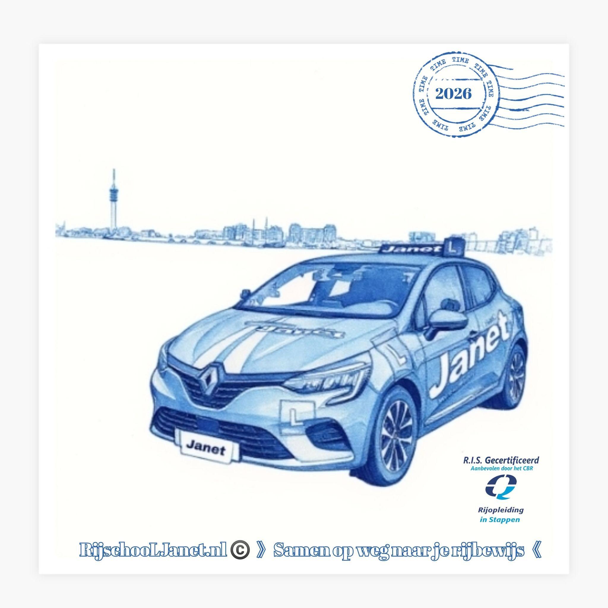 De blauwe lesauto van RijschooL Janet met de gouden Janet-belettering en de L-borden
